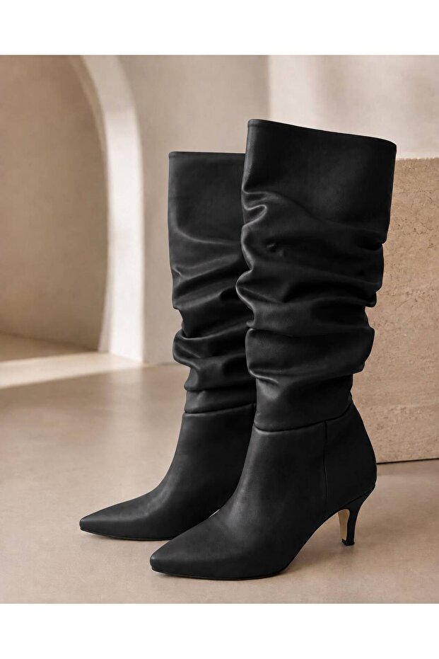 Livamod Women's Bellows Boots Pointed Toe Thin Heeled Below the Knee Stylish Casual Boots