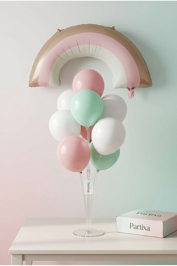 Retro Rainbow Pink Balloon Stand Set | Transparent 7-Piece Stand + Retro Rainbow Foil Balloon 81×44 cm + 7 Latex Balloons