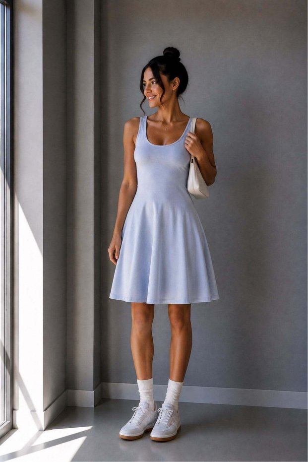 1027 Women's Cotton Basic U-Neck Sleeveless A-Line Dress Baby Blue