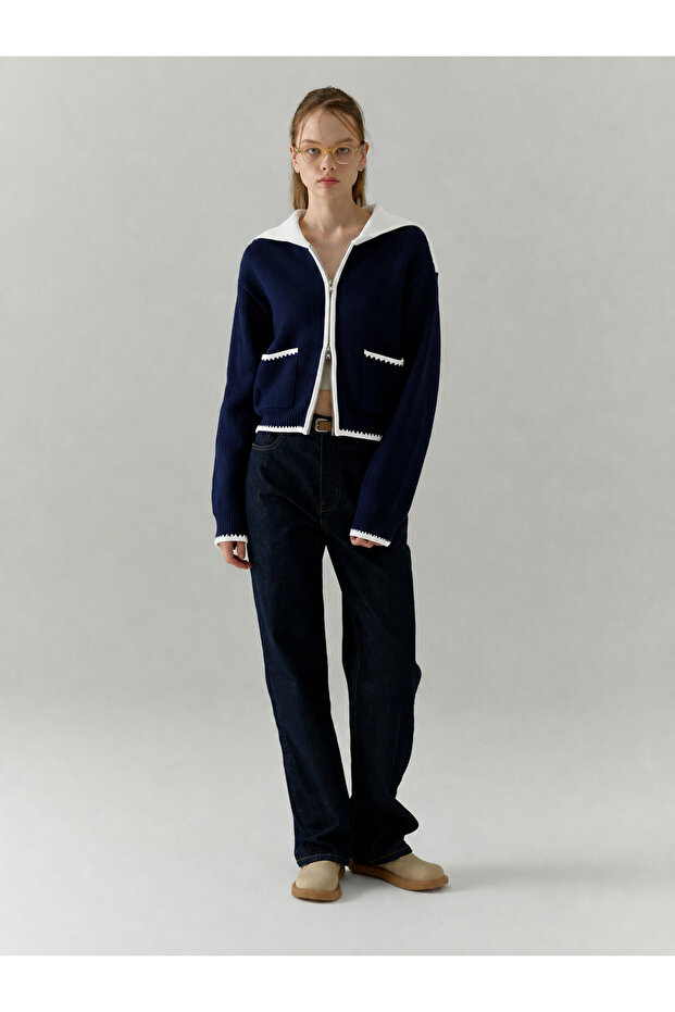 Women's Sailor Collar Double Zipper Contrast Knitwear Cardigan