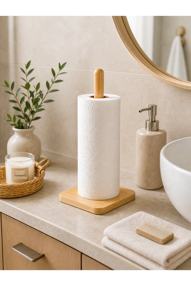 Bamboo Paper Towel Holder Stand with Non-Slip Base for Kitchen Countertop Bathroom Tabletop Decorative