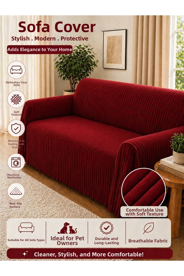 Premium Striped Red Sofa Cover – Non-Slip, Stylish and Modern Design