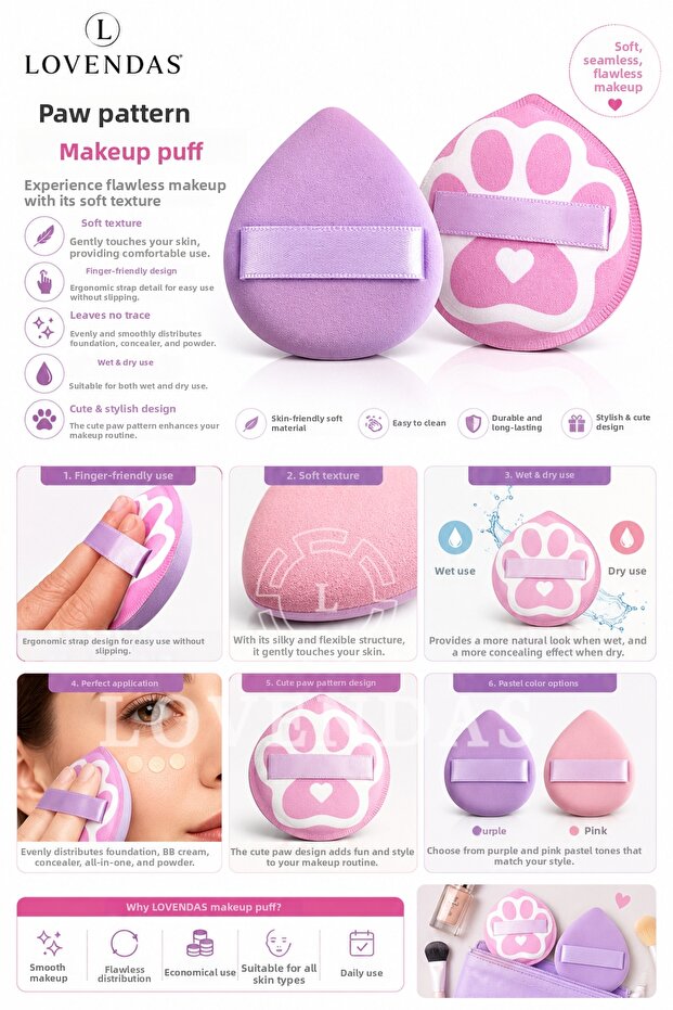 Paw Patterned 2-Piece Makeup Sponge Puff with Soft Texture