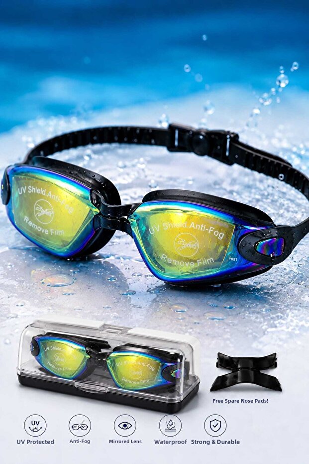 Professional Mirrored Lens Antifog Adult Swimming Goggles + Storage Case & Replacement Nose Pad
