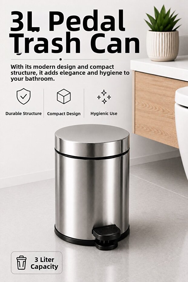Pedal Trash Can 3 Liters with Inner Bucket and Lid Bathroom Trash Bin Chrome - Titan 7003
