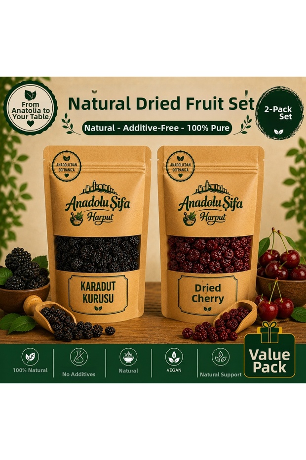 Dried Black Mulberry and Dried Cherry 250 Grx2 Natural and Additive-Free Dried Fruit Set (Dried Black Mulberry)-(Dried Sour Cherry)
