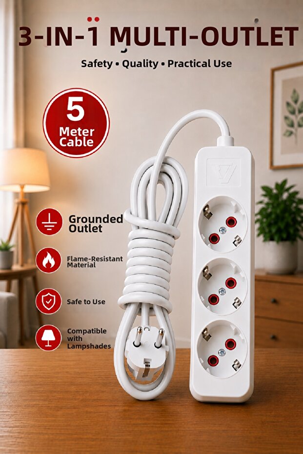 White 3-Outlet Power Strip with 5 Meter Extension