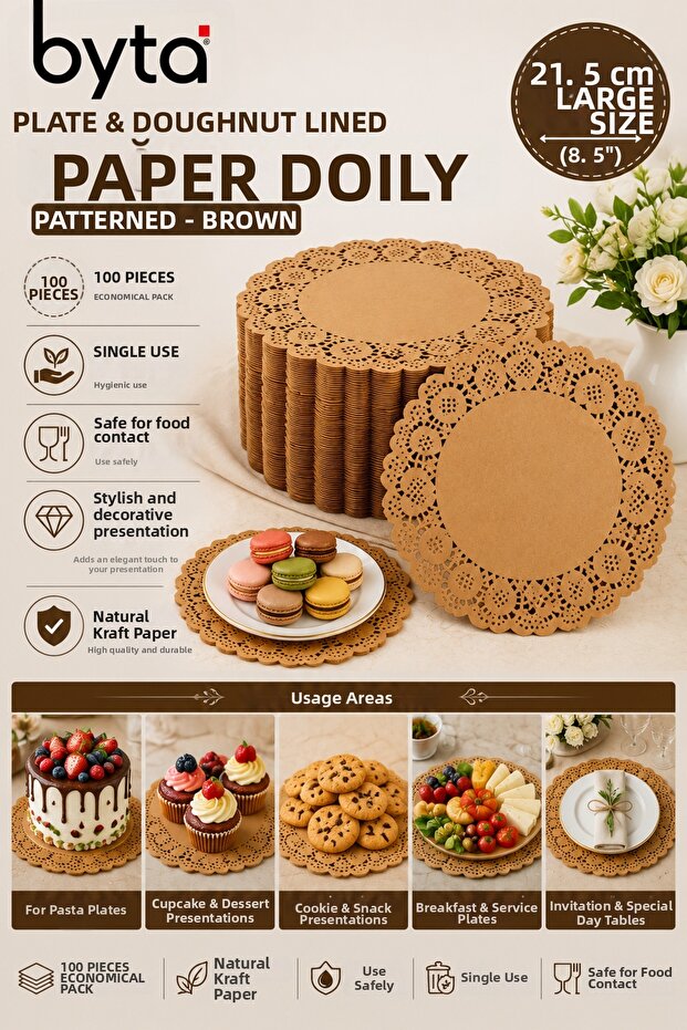 100 Pieces of 21.5 cm Brown Lace Paper Presentation Plates – Round Disposable Serving and Plate Mats