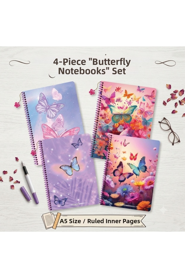 Keskin A5 Lined Charmlı Butterfly 4-Piece Notebook Set (80 Pages)