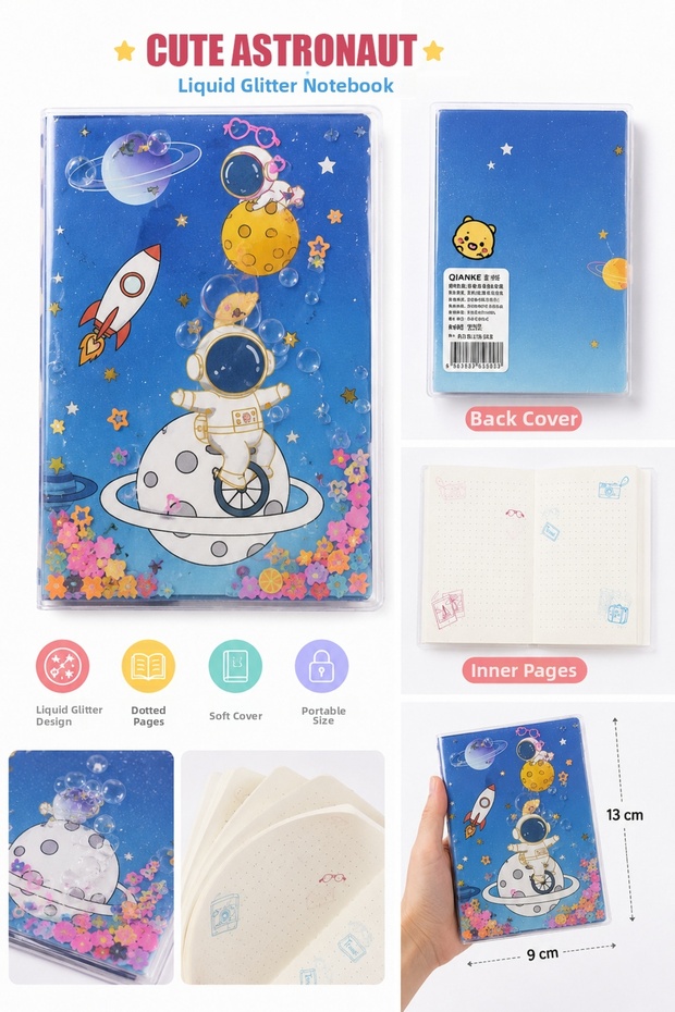 Kawaii Cute Design Liquid Sequined Mini Notebook 9X13 cm – Dotted Inner Pages (4 Different Models)