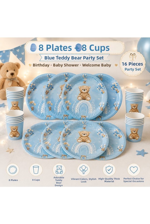 Blue Teddy Bear Birthday Party Set 16 Pieces | 8 Plates 8 Cups | Baby Shower Welcome Baby Concept