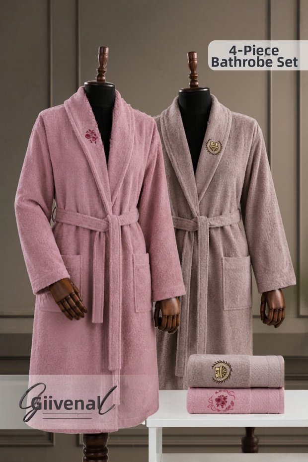 Ni̇l | 4 Piece Cotton Unisex Bathrobe and Towel Set | Bathrobe | Men's Bathrobe | Women's Bathrobe | Towel | Gift | Robe | Dowry