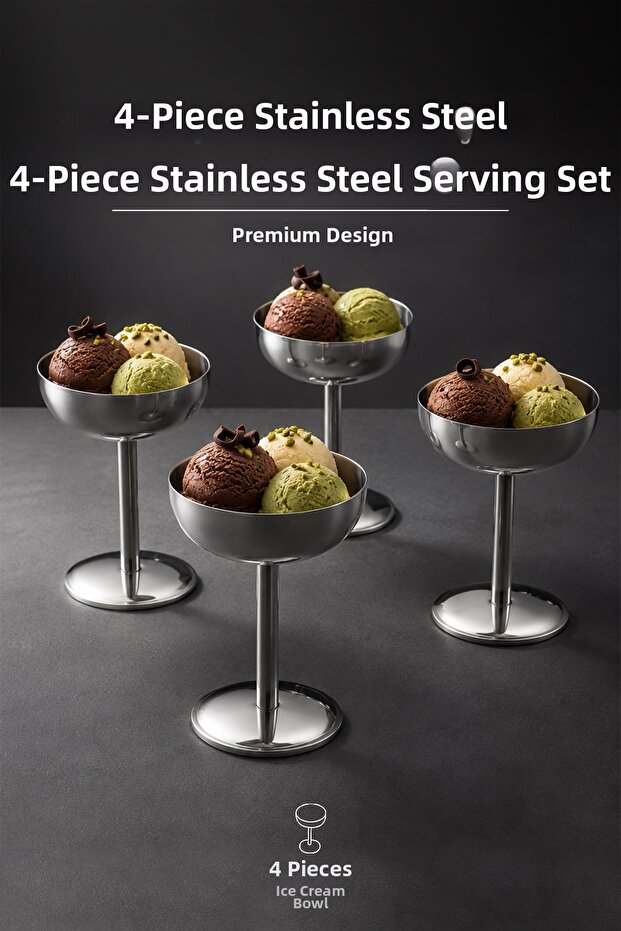 4 Pcs Stainless Steel Wide Long Ice Cream Presentation Bowl, Dessert, Fruit, Snack and Serving Bowl Set