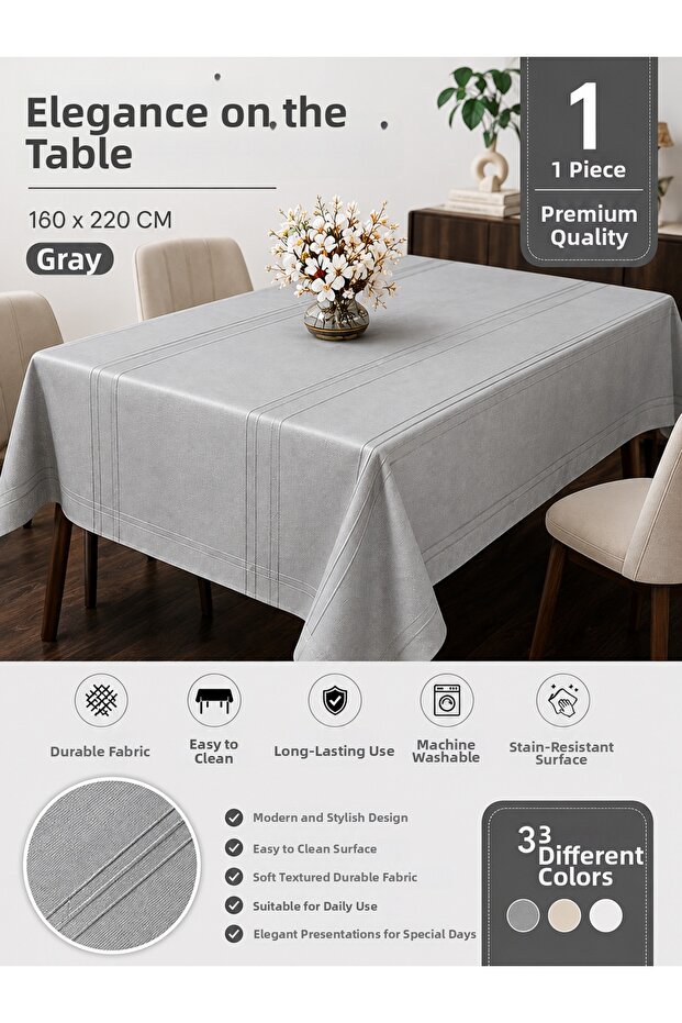 Premium Stain-Resistant Tablecloth 160X220 cm Gray – Easy to Clean Durable Kitchen and Dining Table Cover