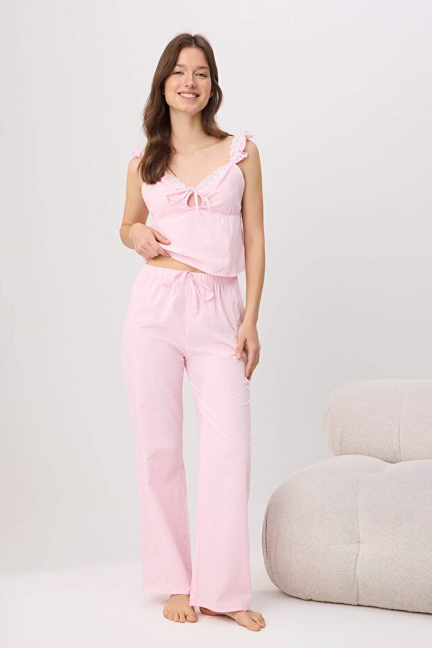 Pembe-Çok Renkli %100 Pamuklu Kesme Ponpon Dokuma Pijama Takımı THMSS26PT00075 - 2