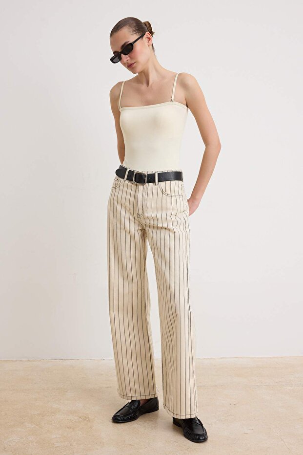 Çok Renkli Çizgili Yüksek Bel Wide Leg %100 Pamuk Jeans TWOSS26JE00291