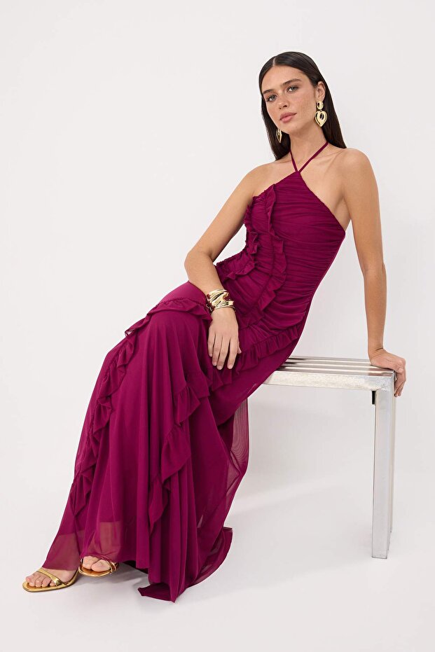 Prom Mürdüm Fırfırlı Tül Astarlı Maxi Abiye & Mezuniyet Elbisesi TPRSS26AE00134 - 2