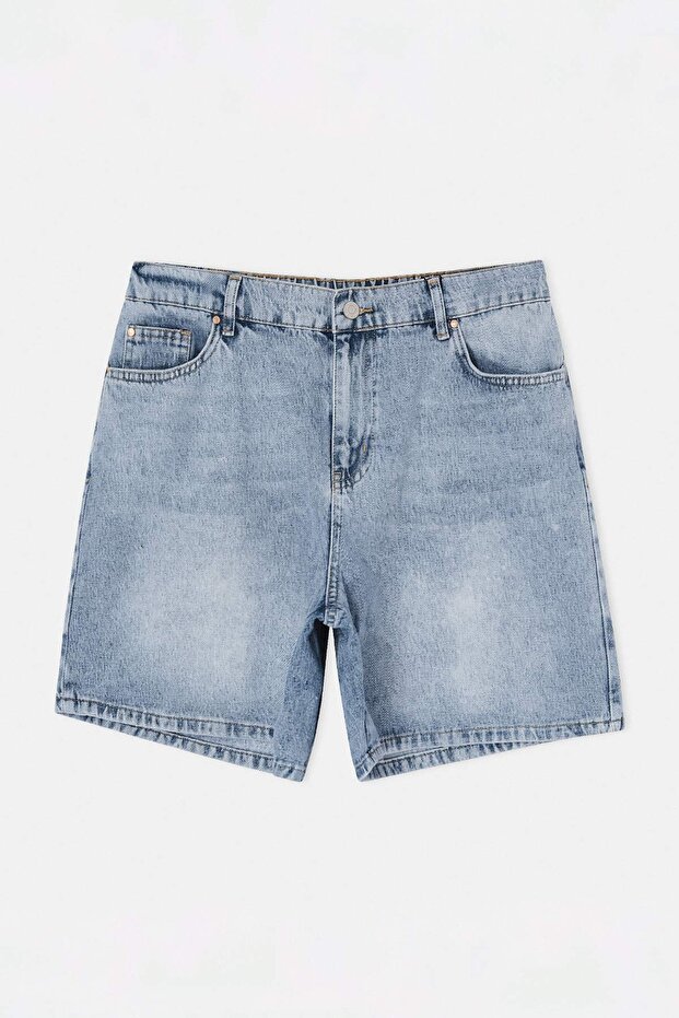 Mavi Lastikli Normal Bel City Boy %100 Pamuk Non-Stretch Büyük Beden Denim Şort TBBSS26AP00013 - 5