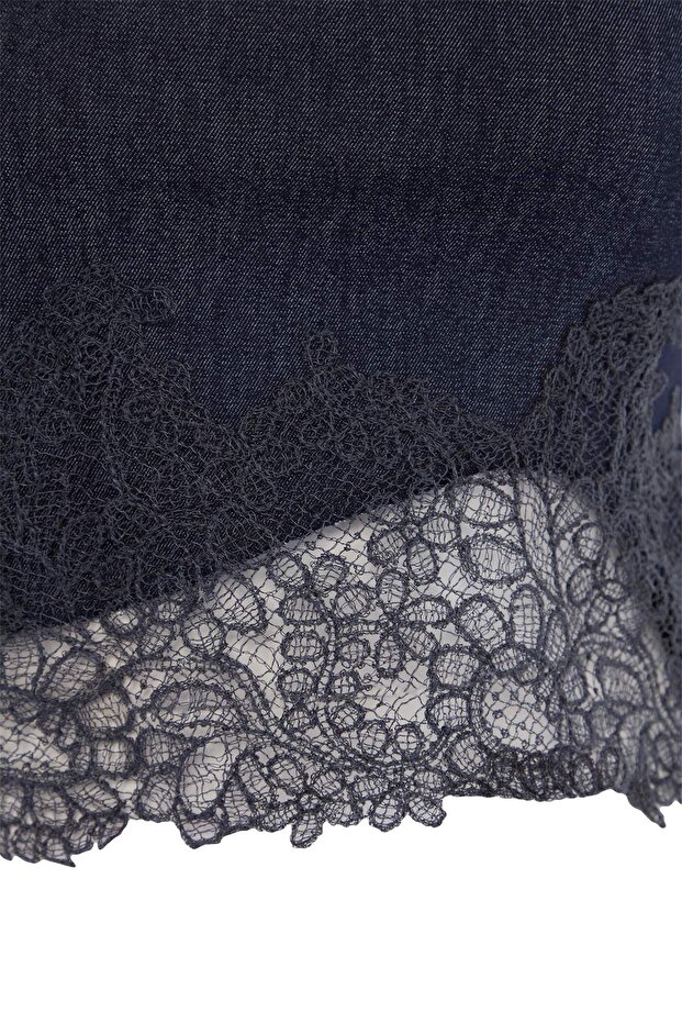 Limited Edition Indigo Dantel Detaylı Straplez Dokuma Gabardin Bluz TPRSS26BZ00068 - 2