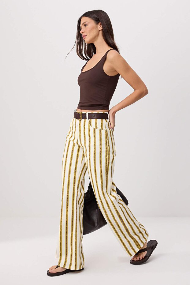 Çok Renkli Çizgili Yüksek Bel %100 Pamuk Wide Leg Jeans TWOSS26JE00305 - 2