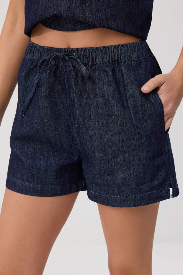 Koyu Mavi Dökümlü Bluz Şort Denim Alt - Üst Takım TWOSS26AU00195 - 3