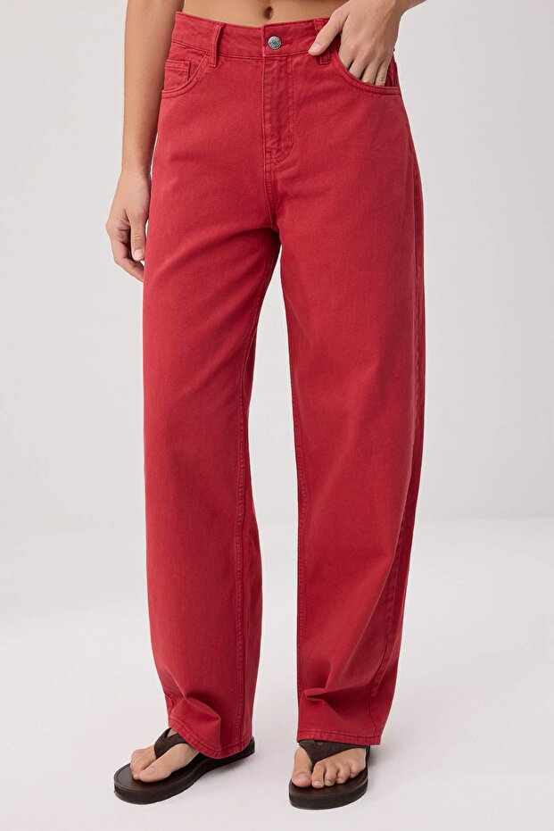 Kırmızı Yüksek Bel %100 Pamuk Barrel Jeans TWOSS26JE00164