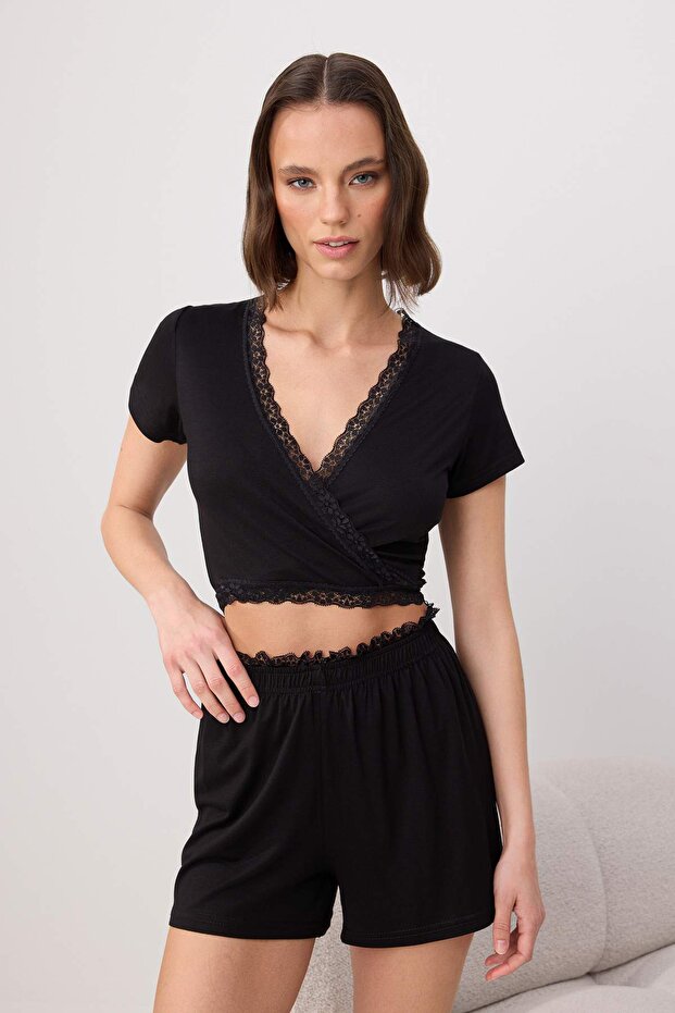 Black Double Breasted Lace Detailed Viscose Knitted Pajama Set Thmss26Pt00228
