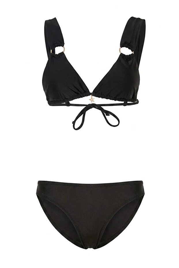 Siyah Üçgen Kaplı Charm Aksesuarlı Düşük Bel Brazilian Bikini Takımı TBESS26BT00124 - 4