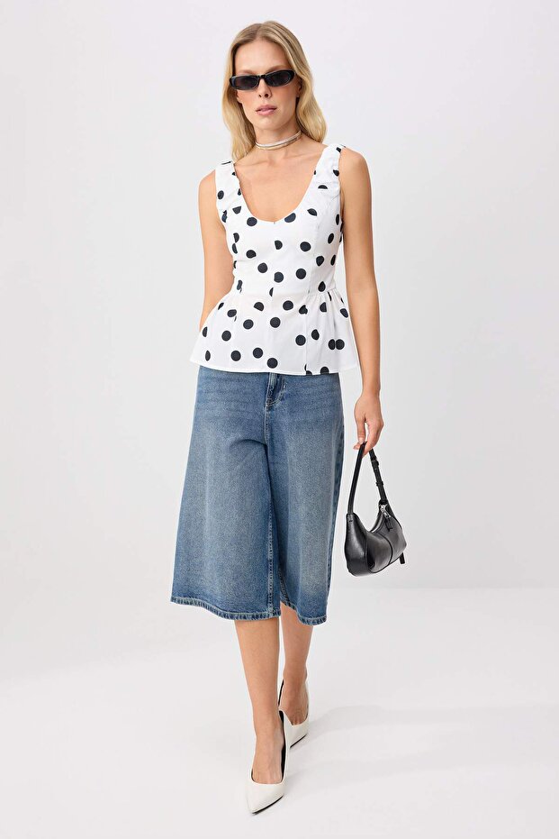 Beyaz Puantiye Desenli Poplin Dokuma Bluz TWOSS26BZ00542 - 2
