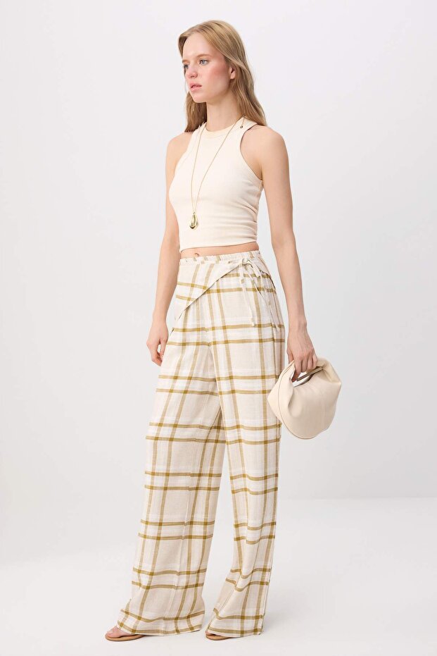 Bej Keten Karışımlı Ekoseli Beli Şallı Pantolon TWOSS26PL00241 - 2