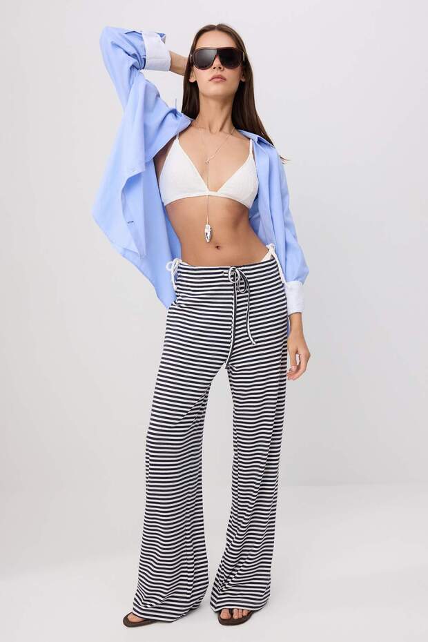 Lacivert Çizgili Wide Leg/Geniş Paça Beli Lastikli Normal Bel Yumuşak Örme Pantolon TWOSS26PL00187 - 1