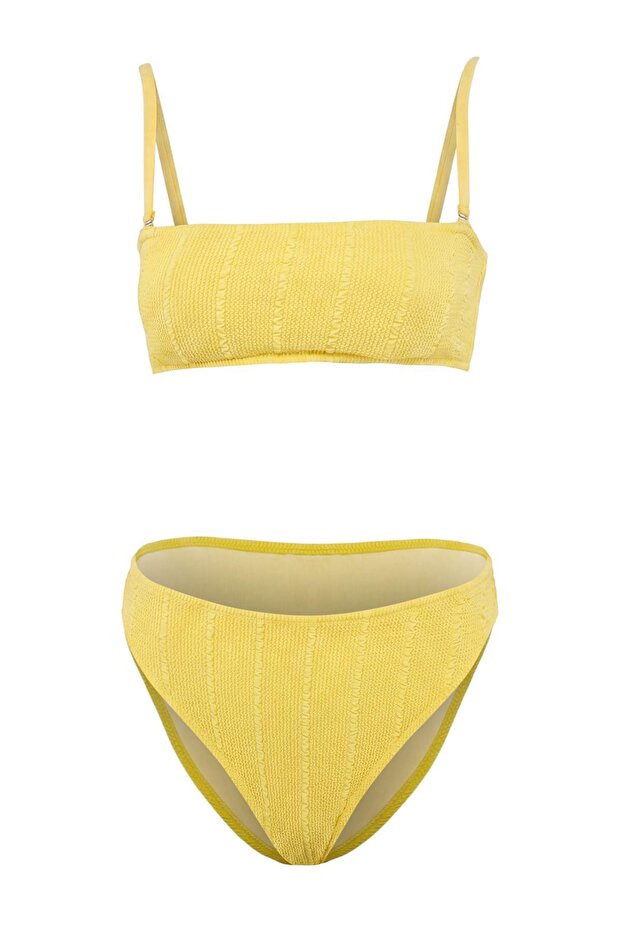 Sarı Straplez Kaplı Dokulu Yüksek Bel High Leg Bikini Takımı TBESS26BT00140 - 1