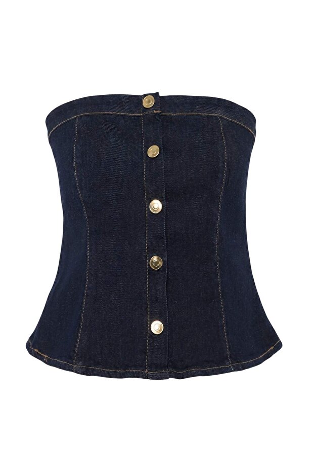 Trendyolmilla  Koyu Mavi Düğme Detaylı Straplez Peplum Denim Bluz TWOAW27BZ00036 - Görsel 2