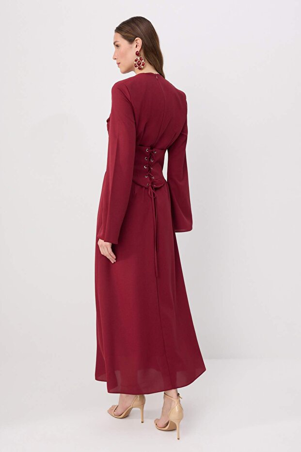 Bordo Korseli Detaylı Dokuma Abiye TCTSS26DB00009 - 4