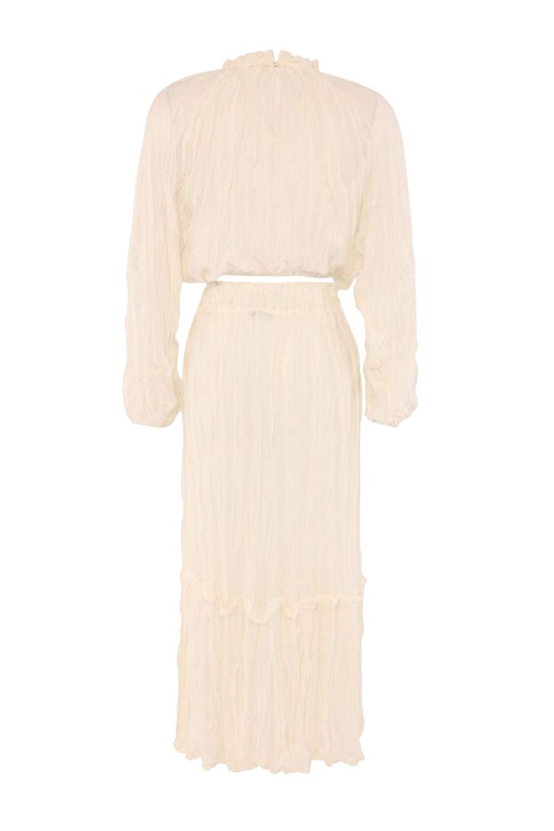 Beyaz Dokuma Maxi 100% Pamuk Plaj Bluz Pantolon Takım TBESS26AU00101 - 3
