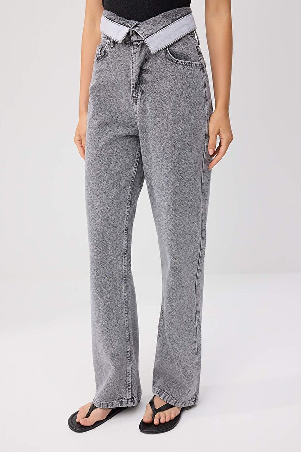 Siyah Bel Detaylı Yüksek Bel Wide Leg Jeans TWOSS26JE00363 - 3