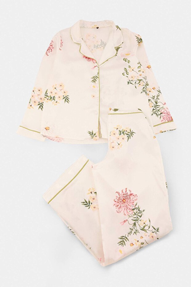 Beyaz Çiçekli Saten Dokuma Pijama Takımı THMAW27PT00010 - 1