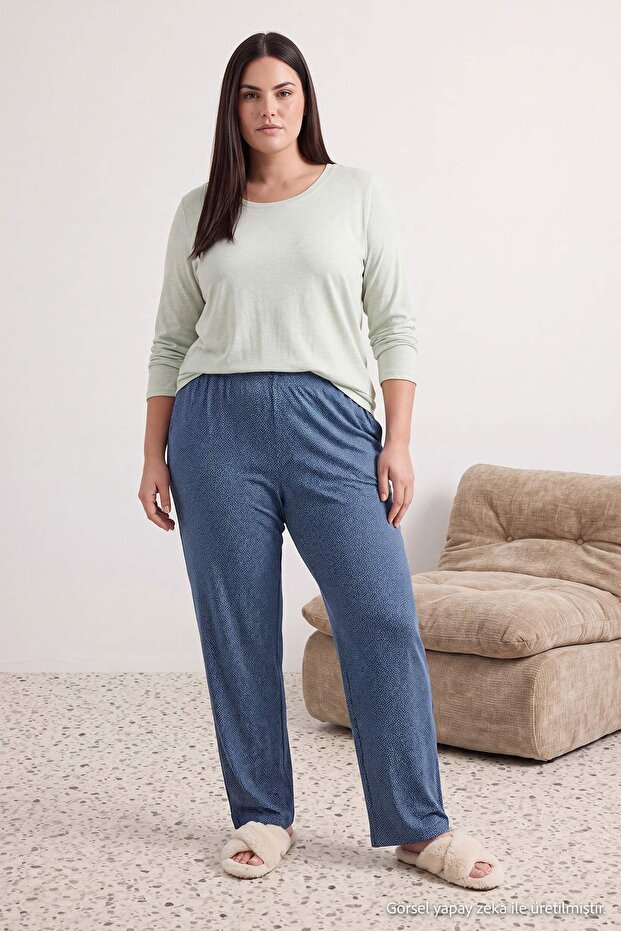 Lacivert Kareli/Puantiyeli 2'li Paket Örme Büyük Beden Pijama Altı TBBAW27IA00004 - 3