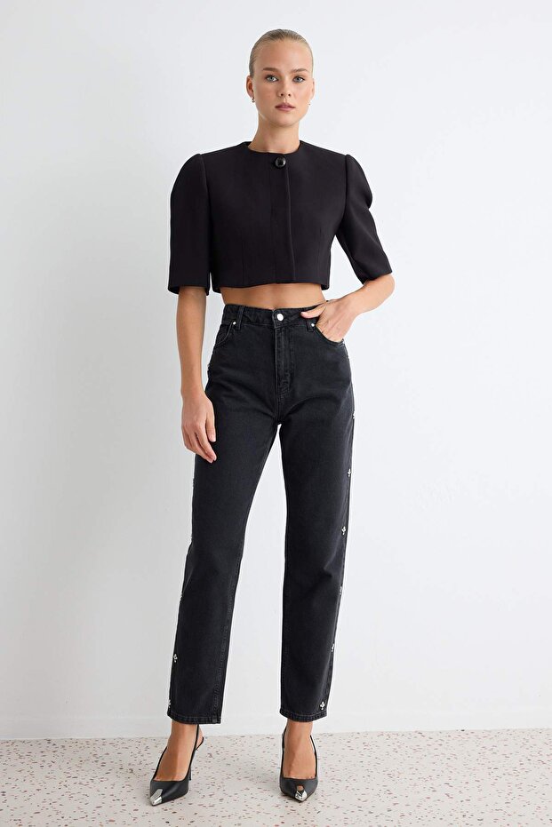 Siyah Taşlı Yüksek Bel Mom %100 Pamuk Non-Stretch Jeans TWOAW25JE00255 - 2