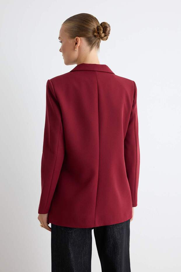 Bordo Regular Astarlı Kruvaze Kapama Dokuma Blazer Ceket TWOAW21CE0264 - 4
