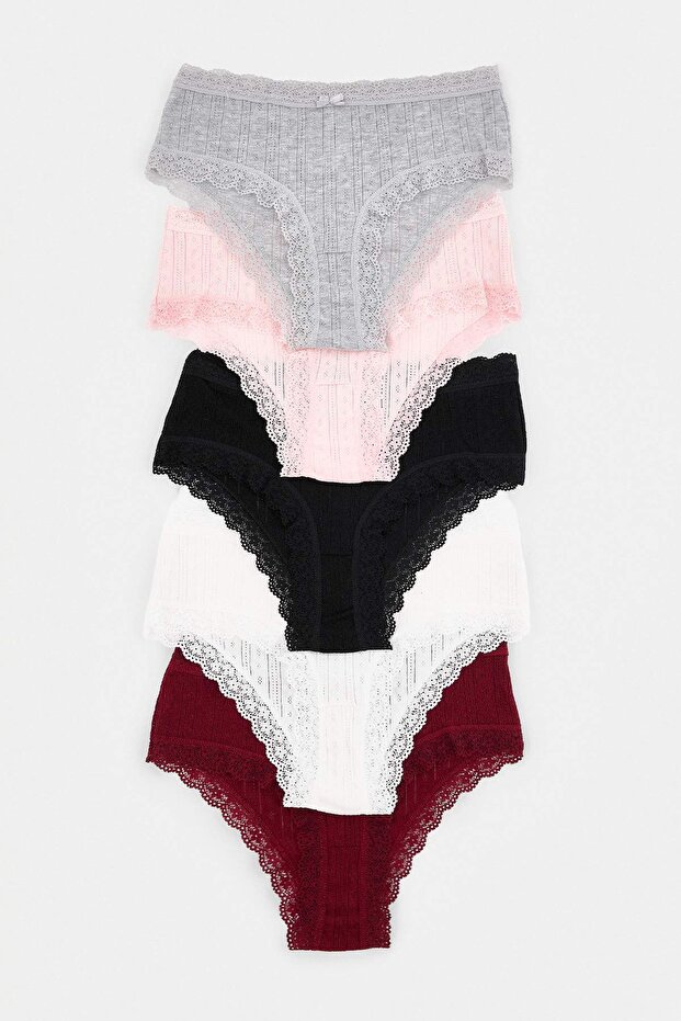 Black-Multicolor 5-Piece 100% Cotton Pointel Lace Classic Panties Thmaw27Ku00001