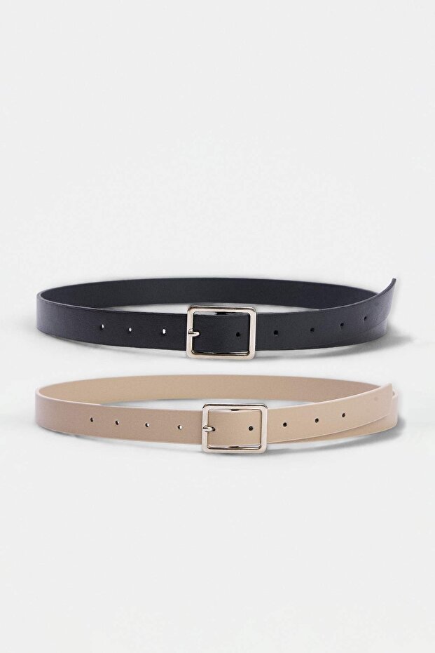 Black-Beige Double Pack Square Buckle Women's Belt Tedss24Ke00017
