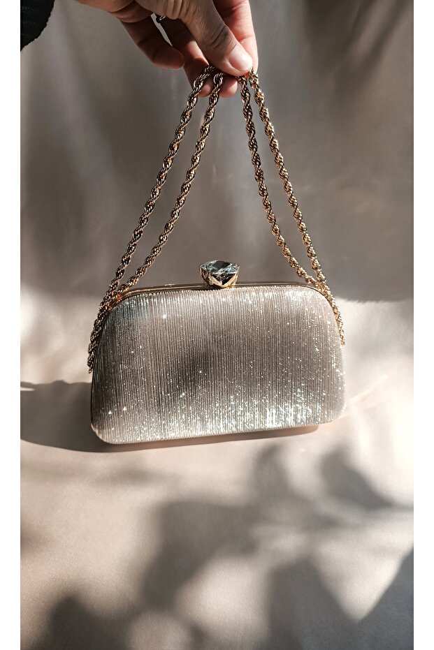 Women's - Gold Glitter Twist Chain, Portfolio Clutch Evening Bag for Special Occasions