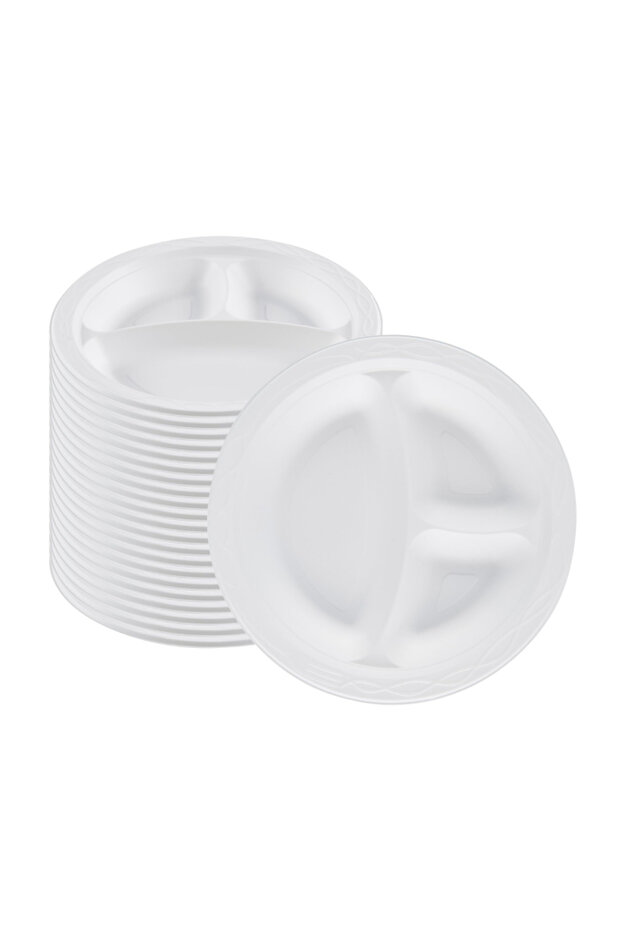3-Compartment White Disposable Hard Plastic Buffet Dinner Plates (10 Inch, 25s)