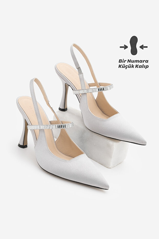 Women's Stiletto Pointed Toe Banded Stoned Open Back Classic Heeled Shoes Lovan Silver Satin
