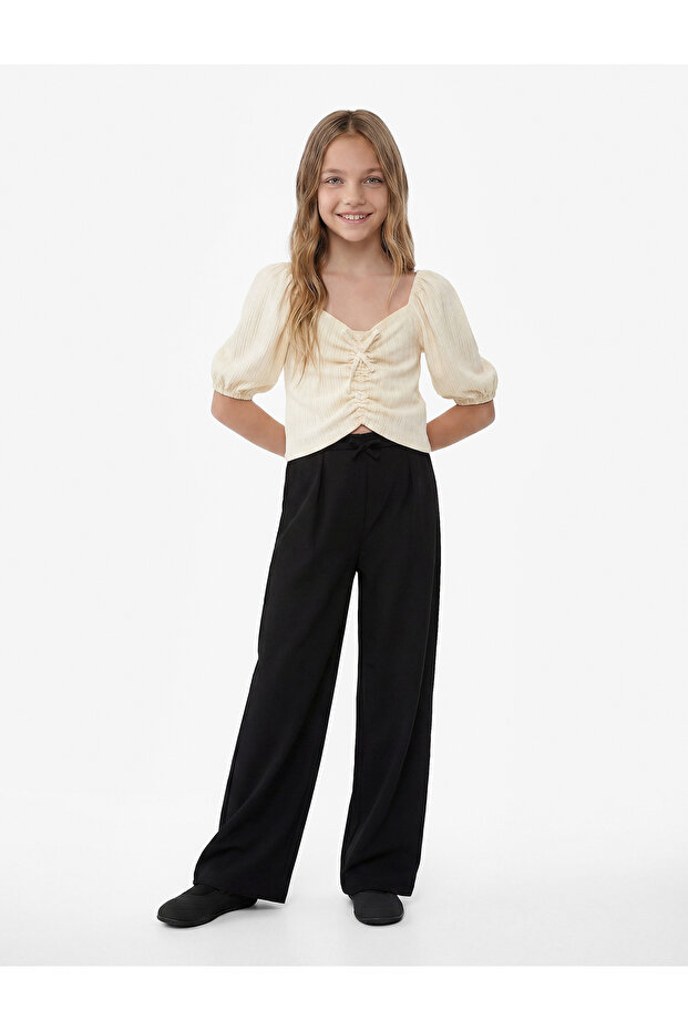 Cotton Heart Collar Bow Detailed Short Sleeve Gipeli Balloon Sleeve Blouse