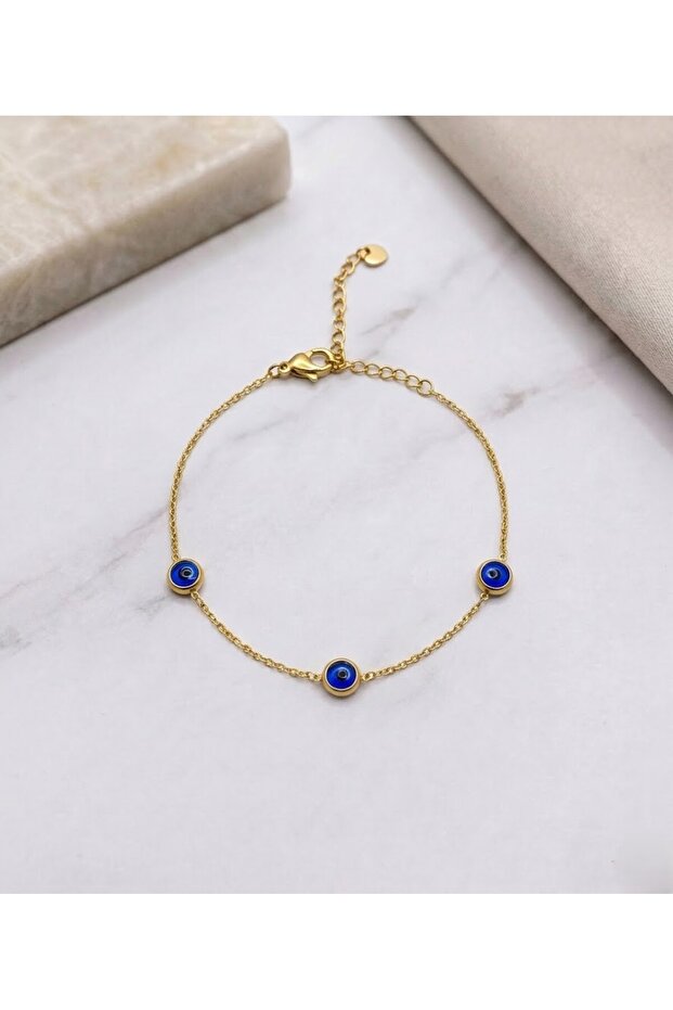 Steel Gold Evil Eye Beaded Chain Bracelet