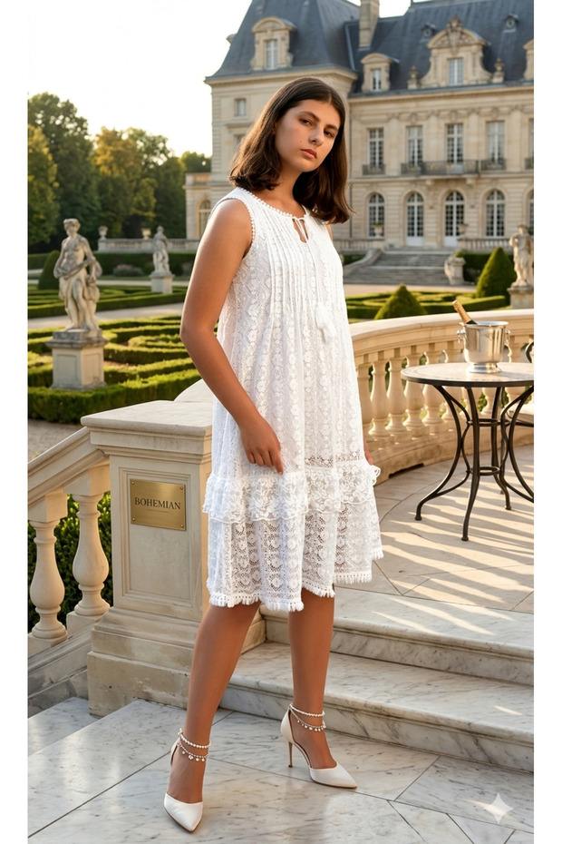 Pleated Skirt Lace Dress
