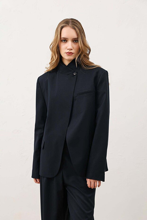 Navy Blue Mock Neck Women's Blazer Jacket