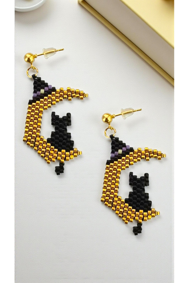 Miyuki Beads Handmade Cat Sitting on the Moon Earrings